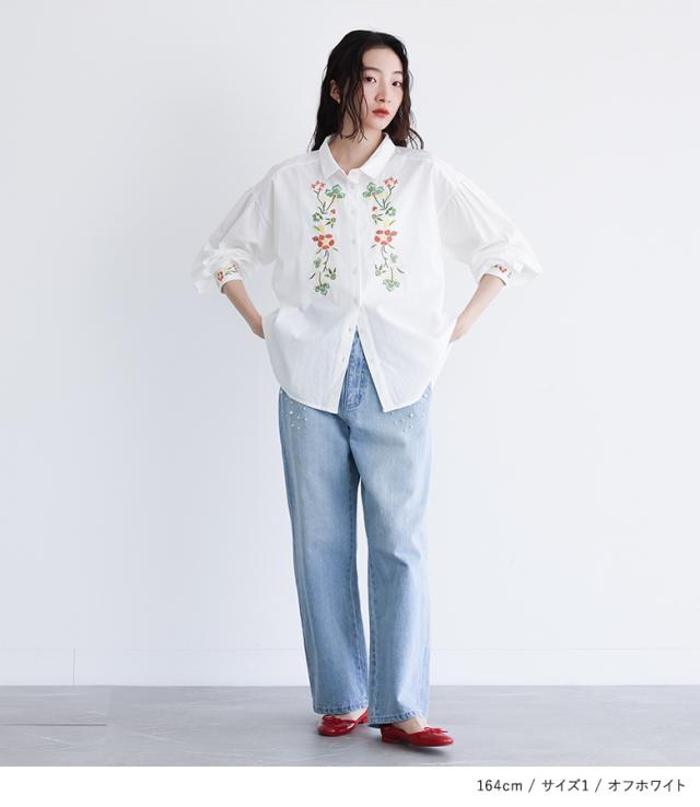 花柄刺繍ボリューム袖シャツブラウス』 【メール便不可】【20
