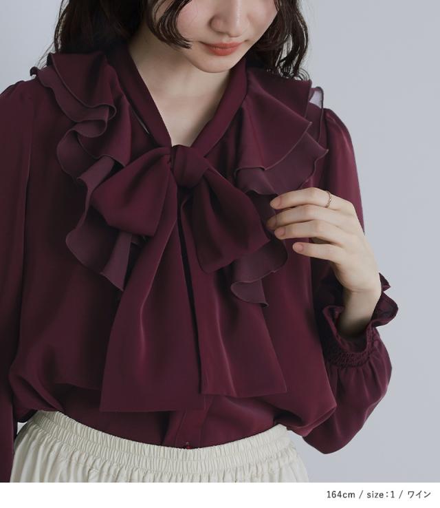 シャツ レディース トップス 長袖 リボン シフォン レトロ クラシカル『ボウタイ付きラッフルフリルブラウス』※メール便可※【10】 osharewalker シャツ レディース トップス 長袖 リボン シフォン
