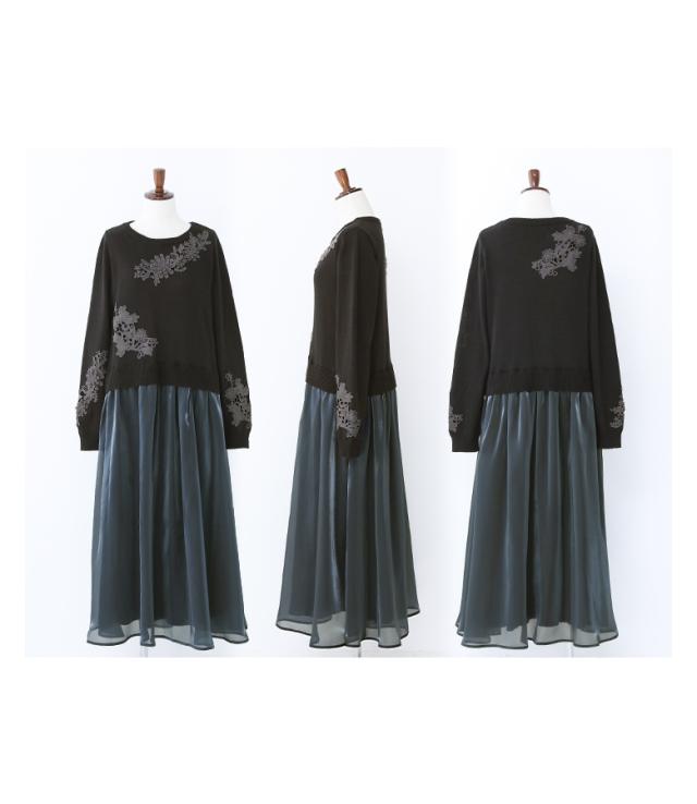 レースニット×シャイニーシアー切替ワンピース』 【メール便不可】【20