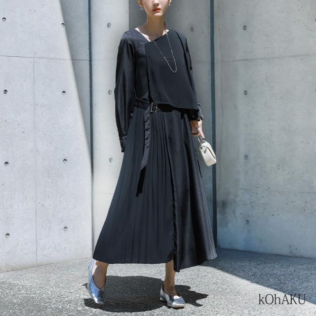 【送料無料】『kOhAKUアシメデザインフレアワンピース』 【メール便不可】【50】[ ロング ワンピース レディース 長袖 変形デザイン アシンメトリー アシメ オケージョン ベルト付き プリーツ シフォン フォーマル 結婚式 パーティ wfk0012]