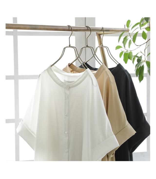 O583ロングシャツワンピースバンドカラーノースリーブホワイト白