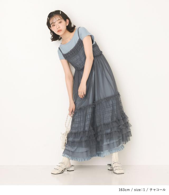 【貨物輸送無料】『チュールキャミワンピース』【電子メール便不可】【30】[キャミワンピース レディース チュール 花の冠yd 重ね着 透け感 フラウンス シャーリング ギャザー 調節する能力のある]