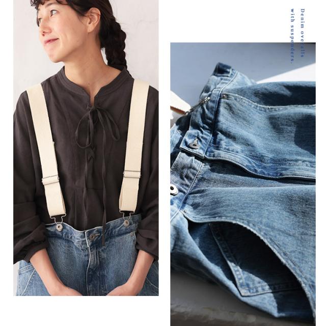 サスペンダーなデニムのサロペット レディース ワイドパンツ オーバーオール ジーンズ ロング ボトムス_4