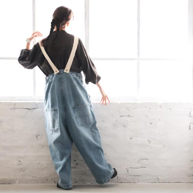 サスペンダーなデニムのサロペット レディース ワイドパンツ オーバーオール ジーンズ ロング ボトムス_6