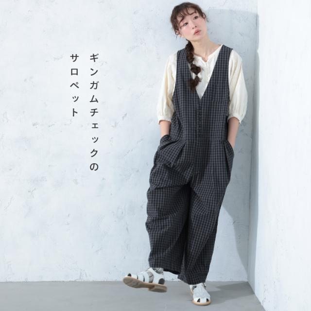O.W.N ギンガムチェックのサロペット レディース オールインワン オーバーオール ロング コクーン ノースリーブ ボトムス_2