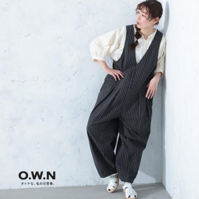 O.W.N ギンガムチェックのサロペット レディース オールインワン オーバーオール ロング コクーン ノースリーブ ボトムス_8