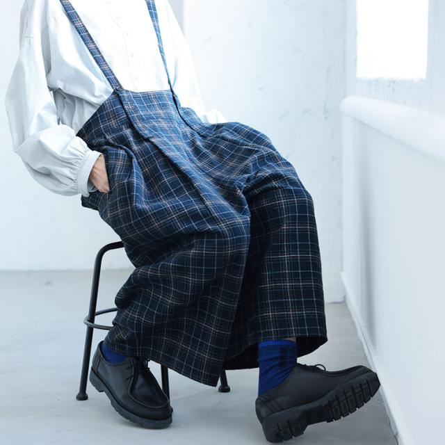 O.W.N おとなチェックのサロペット レディース オールインワン ワイドパンツ ロング サスペンダー付き リネン混 ボトムス_4