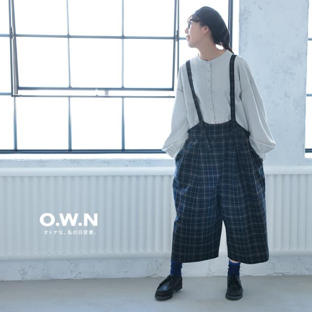 O.W.N おとなチェックのサロペット レディース オールインワン ワイドパンツ ロング サスペンダー付き リネン混 ボトムス_7