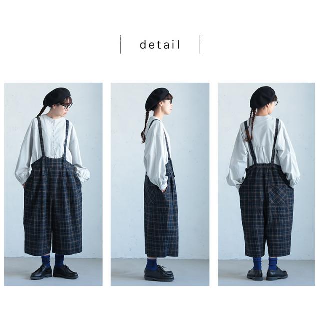 O.W.N おとなチェックのサロペット レディース オールインワン ワイドパンツ ロング サスペンダー付き リネン混 ボトムス_9
