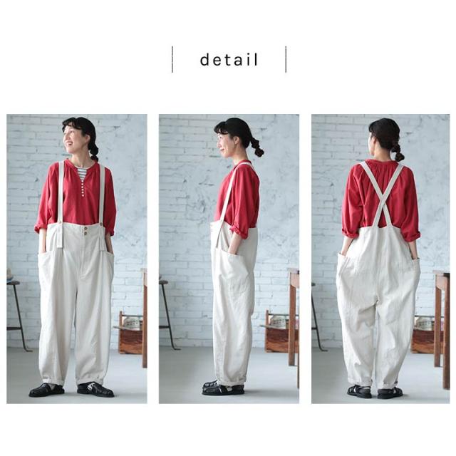 はちみつ堂 ボタン仕立てのサスペンダーパンツ レディース サロペット ワイド コクーン ロング 麻混 リネン混 ボトムス_11