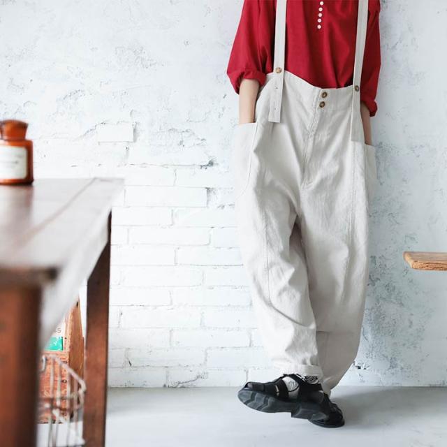はちみつ堂 ボタン仕立てのサスペンダーパンツ レディース サロペット ワイド コクーン ロング 麻混 リネン混 ボトムス_4