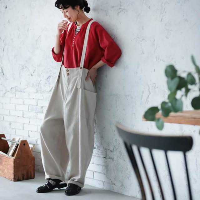 はちみつ堂 ボタン仕立てのサスペンダーパンツ レディース サロペット ワイド コクーン ロング 麻混 リネン混 ボトムス_8
