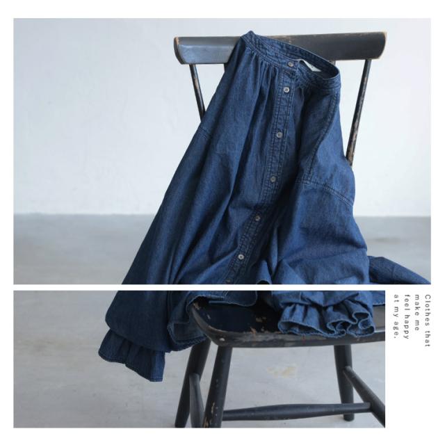 ふくろうと月 デニムなフリル袖のブラウス レディース デニムシャツ 長袖 バルーンスリーブ パフスリーブ バンドカラー ノーカラー 綿 コットン トップス soulberry ふくろうと月 デニムなフリル袖のブラウス レディース