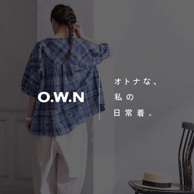 O.W.N みず玉とチェックのブラウス レディース シャツ 半袖 5分袖 五分袖 キーネック 水玉 ドット リネン混 トップス_1