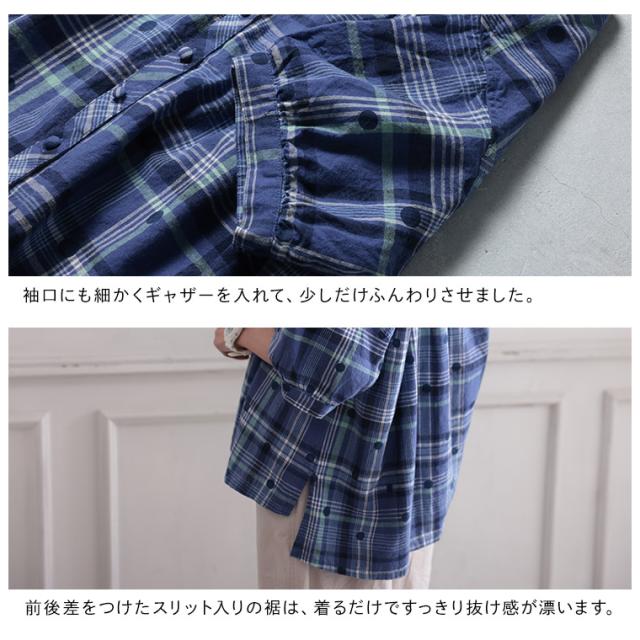 O.W.N みず玉とチェックのブラウス レディース シャツ 半袖 5分袖 五分袖 キーネック 水玉 ドット リネン混 トップス_11