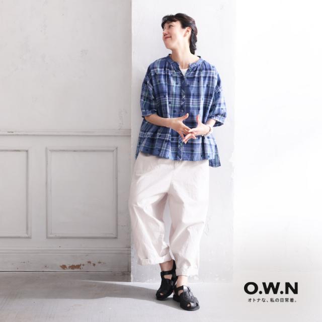 O.W.N みず玉とチェックのブラウス レディース シャツ 半袖 5分袖 五分袖 キーネック 水玉 ドット リネン混 トップス_3