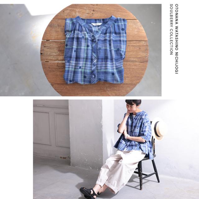 O.W.N みず玉とチェックのブラウス レディース シャツ 半袖 5分袖 五分袖 キーネック 水玉 ドット リネン混 トップス_5