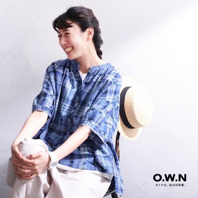 O.W.N みず玉とチェックのブラウス レディース シャツ 半袖 5分袖 五分袖 キーネック 水玉 ドット 麻混 リネン混 トップス soulberry O.W.N みず玉とチェックのブラウス レディース シャツ