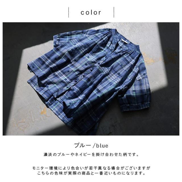 O.W.N みず玉とチェックのブラウス レディース シャツ 半袖 5分袖 五分袖 キーネック 水玉 ドット リネン混 トップス_7