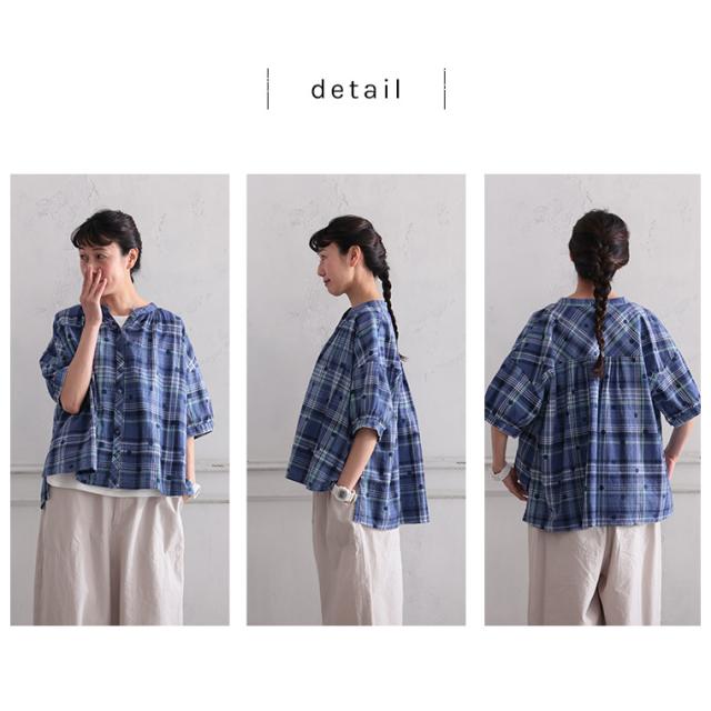 O.W.N みず玉とチェックのブラウス レディース シャツ 半袖 5分袖 五分袖 キーネック 水玉 ドット リネン混 トップス_8