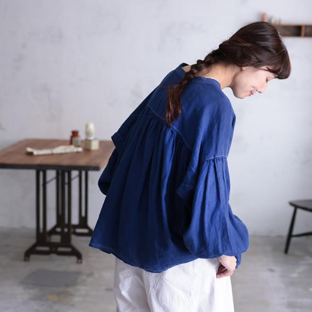 ふくろうと月 青いリネンのブラウス レディース シャツ 長袖