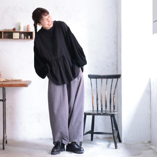 ふくろうと月 ぽこぽこ袖のブラウス レディース プルオーバー シャツ バルーンスリーブ ノーカラー コットン リネン混 トップス_4