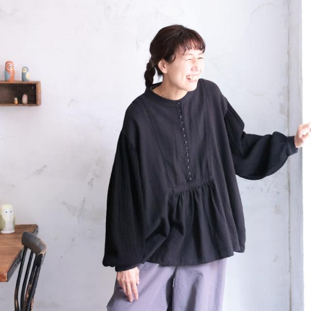 ふくろうと月 ぽこぽこ袖のブラウス レディース プルオーバー シャツ バルーンスリーブ ノーカラー コットン リネン混 トップス_6