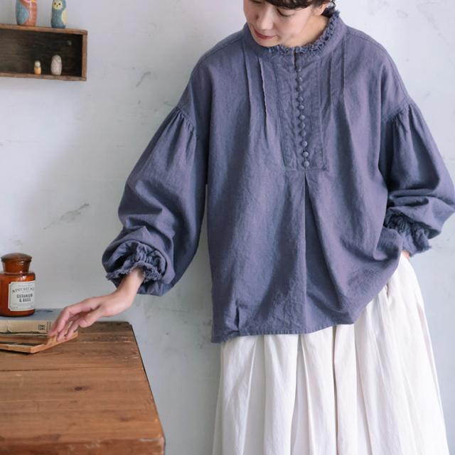 ふくろうと月 月影のブラウス レディース シャツ 長袖 バルーンスリーブ パフスリーブ スタンドカラー 麻混 リネン混 トップス_5