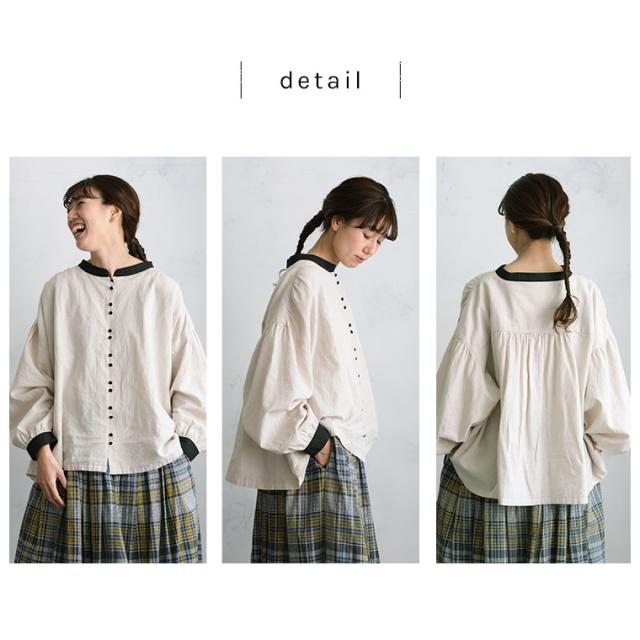 【ついに再入荷！】はちみつ堂 ふた色ブラウス レディース シャツ 長袖 パフスリーブ ノーカラー バンドカラー トップス_10