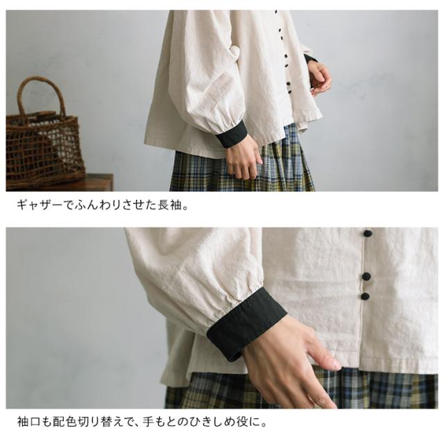 【ついに再入荷！】はちみつ堂 ふた色ブラウス レディース シャツ 長袖 パフスリーブ ノーカラー バンドカラー トップス_13