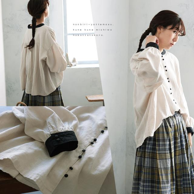 【ついに再入荷！】はちみつ堂 ふた色ブラウス レディース シャツ 長袖 パフスリーブ ノーカラー バンドカラー トップス_4