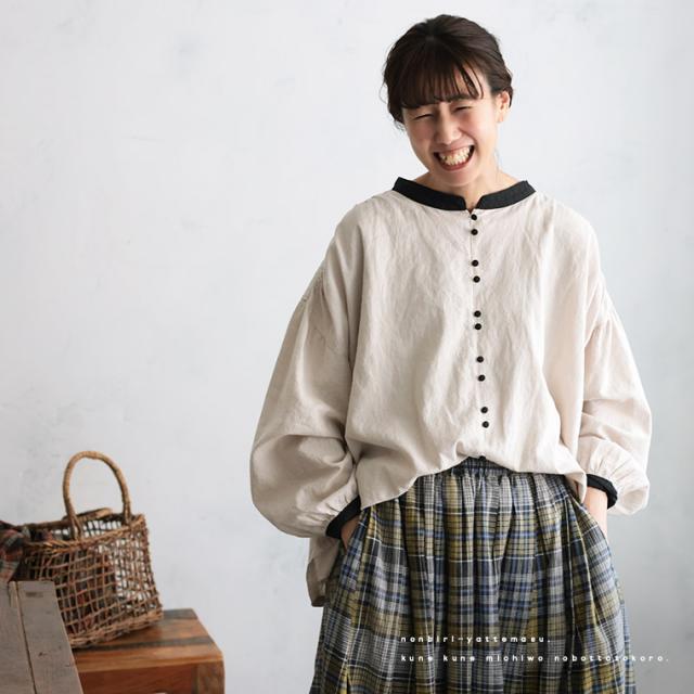 【ついに再入荷！】はちみつ堂 ふた色ブラウス レディース シャツ 長袖 パフスリーブ ノーカラー バンドカラー トップス_6