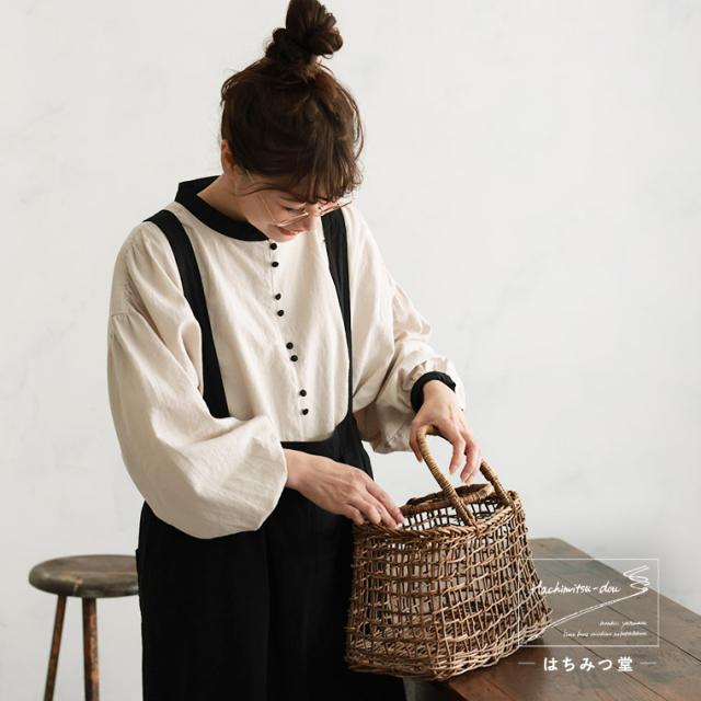 【ついに再入荷！】はちみつ堂 ふた色ブラウス レディース シャツ 長袖 パフスリーブ ノーカラー バンドカラー トップス_8