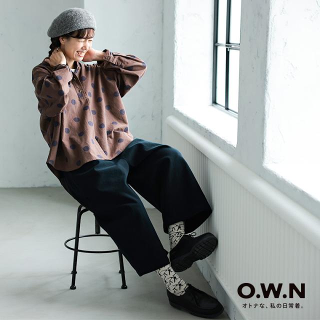 O.W.N「わがまま別注」大人にも馴染むドットの、まるい襟のプルオーバー レディース ブラウス シャツ リネン混 水玉 トップス_7