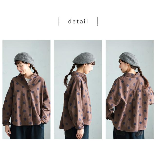 O.W.N「わがまま別注」大人にも馴染むドットの、まるい襟のプルオーバー レディース ブラウス シャツ リネン混 水玉 トップス_9