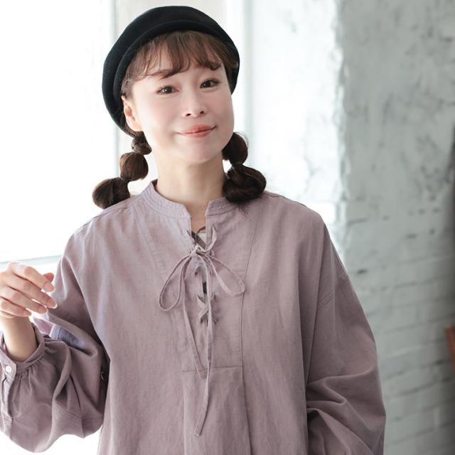 はちみつ堂 たなびくラベンダーの編み上げブラウス レディース シャツ 長袖 レースアップ スキッパー風 リネン混 麻混 トップス_3