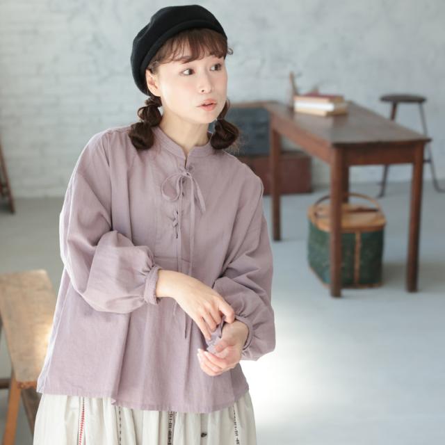 はちみつ堂 たなびくラベンダーの編み上げブラウス レディース シャツ 長袖 レースアップ スキッパー風 リネン混 麻混 トップス_6