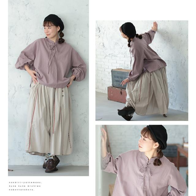 はちみつ堂 たなびくラベンダーの編み上げブラウス レディース シャツ 長袖 レースアップ スキッパー風 リネン混 麻混 トップス_7