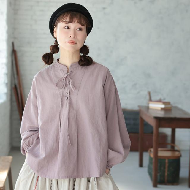 はちみつ堂 たなびくラベンダーの編み上げブラウス レディース シャツ 長袖 レースアップ スキッパー風 リネン混 麻混 トップス_8