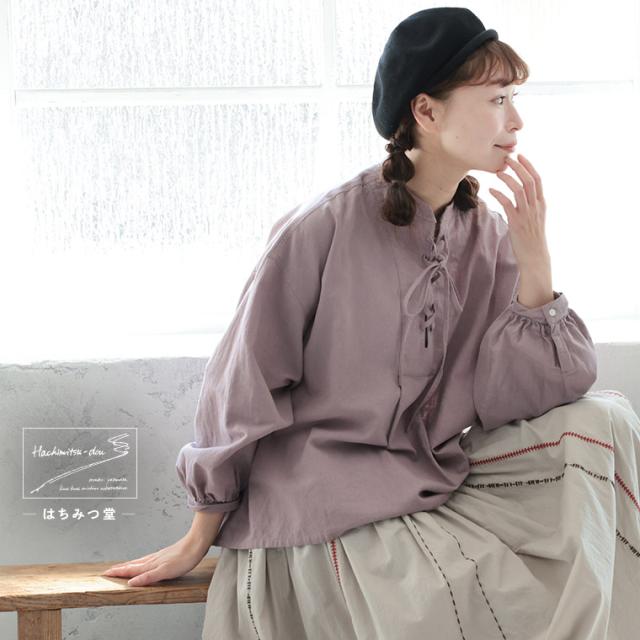 はちみつ堂 たなびくラベンダーの編み上げブラウス レディース シャツ 長袖 レースアップ スキッパー風 リネン混 麻混 トップス_9