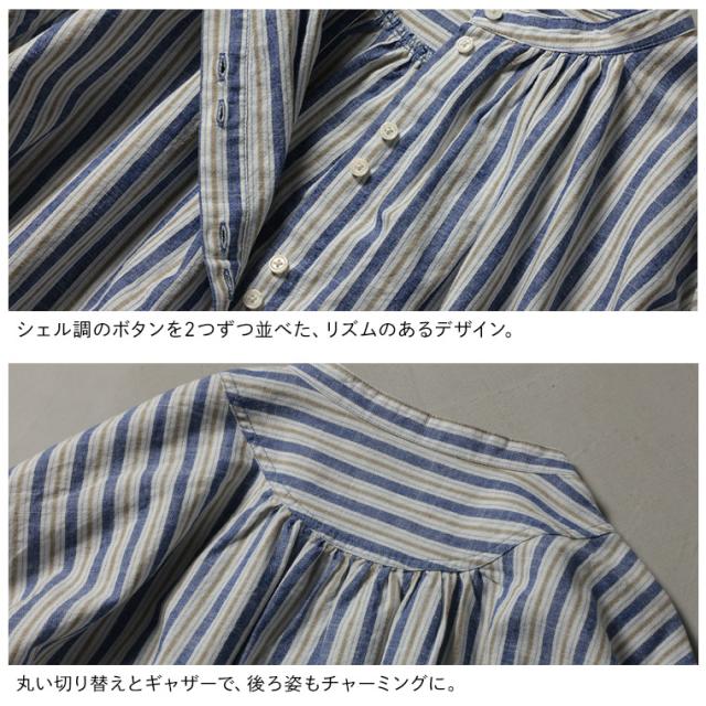 はちみつ堂 あまからレシピのブラウス レディース シャツ パフスリーブ ノーカラー バンドカラー リネン混 ストライプ トップス_13