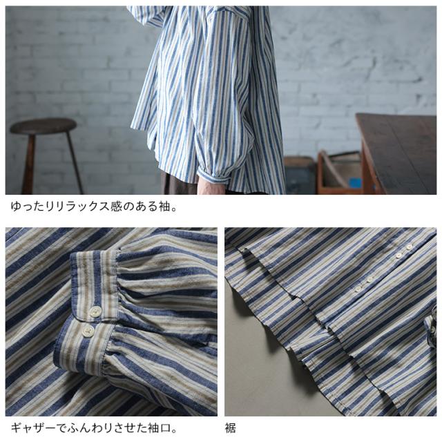 はちみつ堂 あまからレシピのブラウス レディース シャツ パフスリーブ ノーカラー バンドカラー リネン混 ストライプ トップス_14