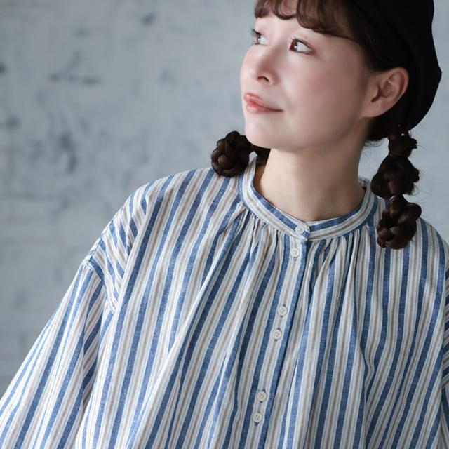 はちみつ堂 あまからレシピのブラウス レディース シャツ パフスリーブ ノーカラー バンドカラー リネン混 ストライプ トップス_3