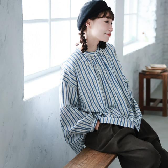 はちみつ堂 あまからレシピのブラウス レディース シャツ パフスリーブ ノーカラー バンドカラー リネン混 ストライプ トップス_4