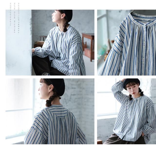 はちみつ堂 あまからレシピのブラウス レディース シャツ パフスリーブ ノーカラー バンドカラー リネン混 ストライプ トップス_6