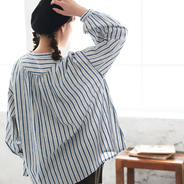 はちみつ堂 あまからレシピのブラウス レディース シャツ パフスリーブ ノーカラー バンドカラー リネン混 ストライプ トップス_7
