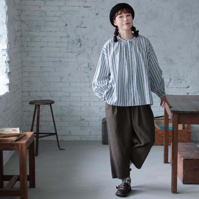 はちみつ堂 あまからレシピのブラウス レディース シャツ パフスリーブ ノーカラー バンドカラー リネン混 ストライプ トップス_8