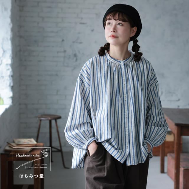 はちみつ堂 あまからレシピのブラウス レディース シャツ パフスリーブ ノーカラー バンドカラー リネン混 ストライプ トップス_9