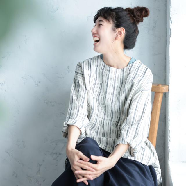 「わがまま別注」ストライプなリネンTee レディース ブラウス プルオーバー 長袖 麻 リネン シンプル ベーシック トップス_10