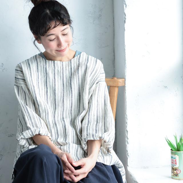 「わがまま別注」ストライプなリネンTee レディース ブラウス プルオーバー 長袖 麻 リネン シンプル ベーシック トップス_3